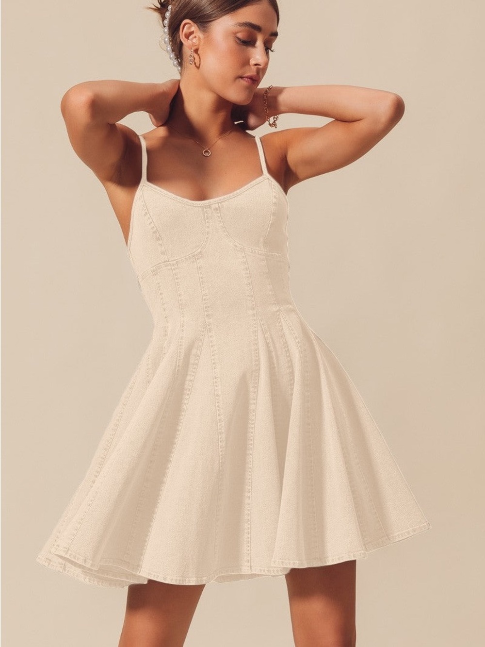Women's Ivory Spaghetti-Strap Mini Denim Dress, Country Concert Cutie, XS